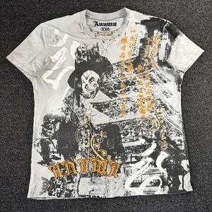 Anama Men's XXL Grey Graphic T-Shirt Skull Japanese Kanji Y2K Grunge Streetwear